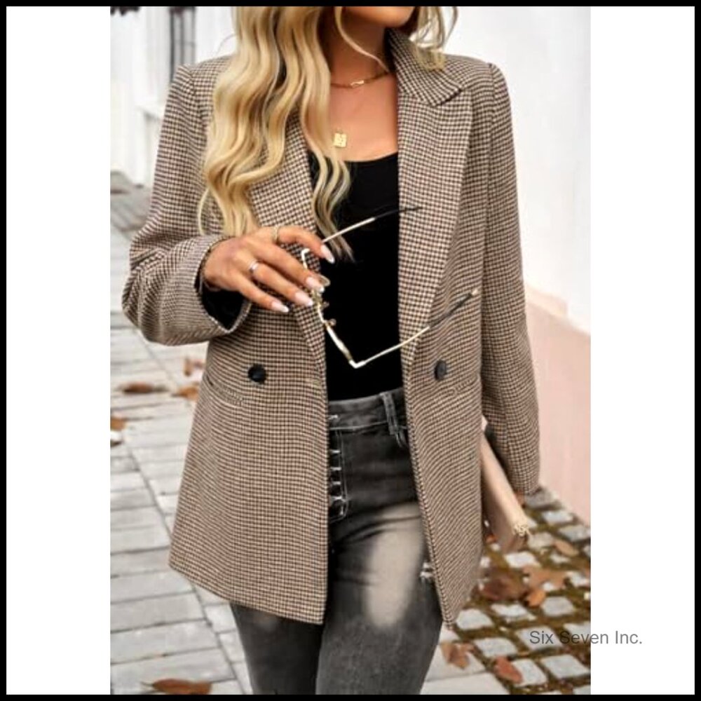 Polyester Blend Houndstooth Blazer Open Front Lap… - image 3